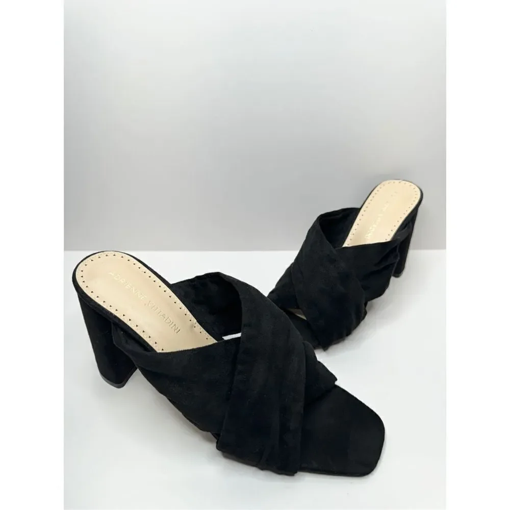 Adrienne Vittadini Sandals Womens 9.5 Crossover Black Faux‎ Suede Chunky Heels